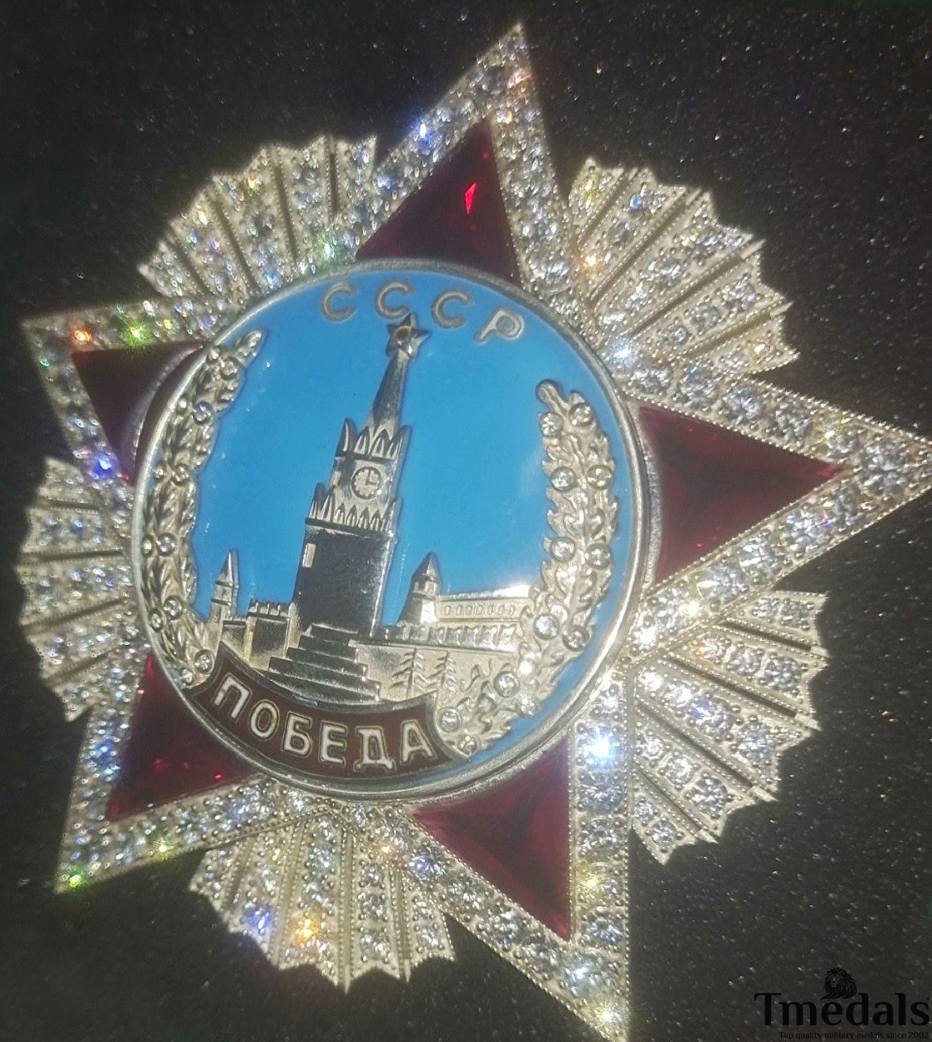 USSR Order of Victory Medal 925 Silver Real Enamel Ruby Moissanite detail view 2