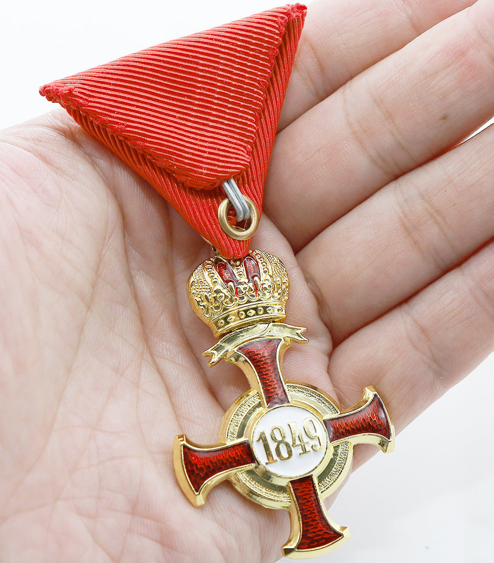 Austro-Hungarian Golden Cross of Merit with Crown 1849 FJ Red Ribbon detail view 4