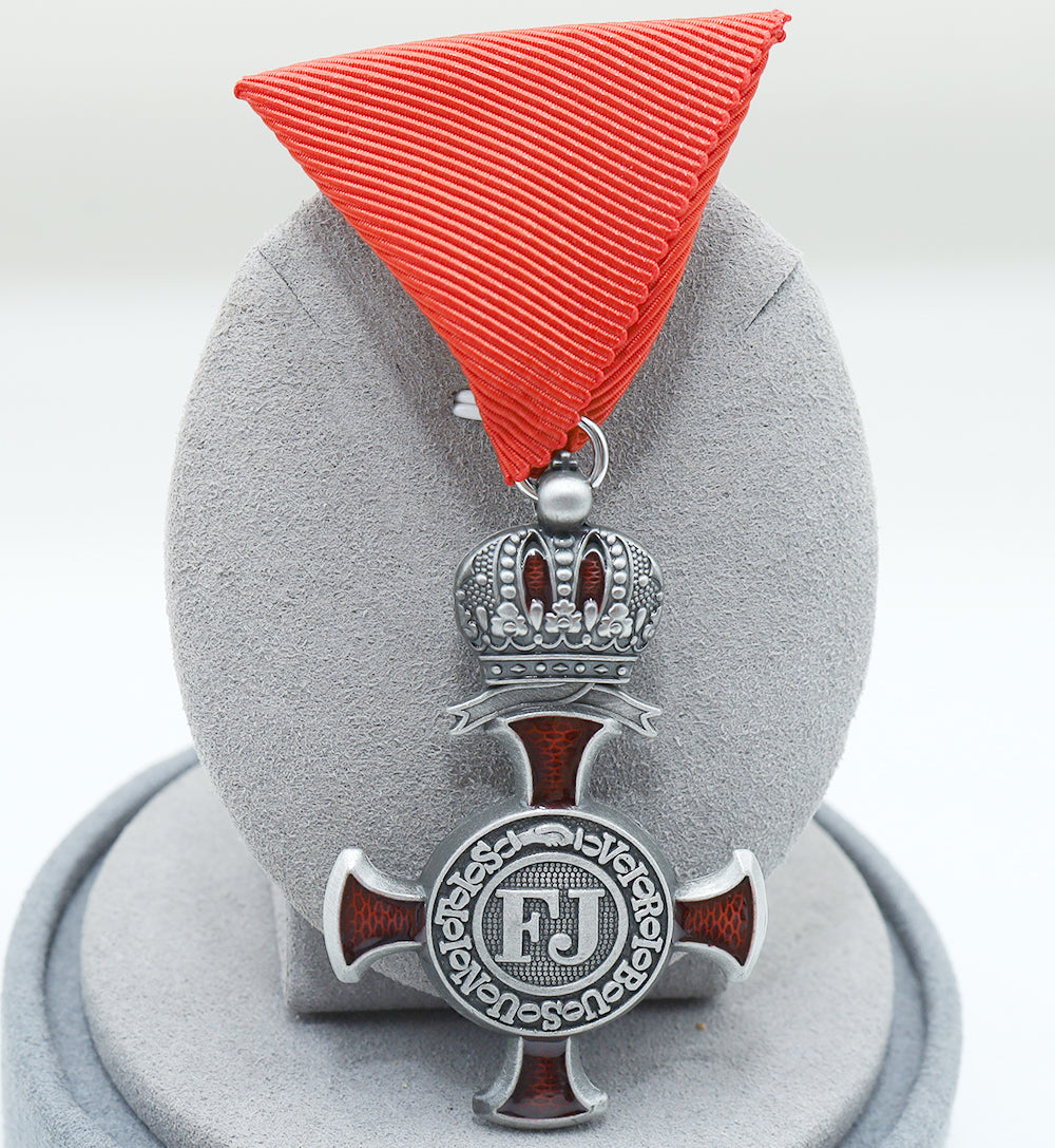 Austro-Hungarian Silver Cross of Merit with Crown 1849 FJ, Red Ribbon reproduction