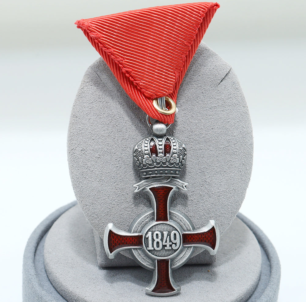 Austro-Hungarian Silver Cross of Merit with Crown 1849 FJ, Red Ribbon detail view 2