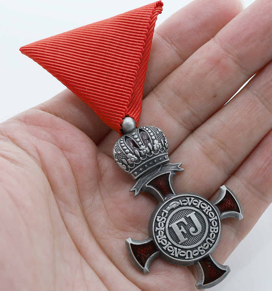 Austro-Hungarian Silver Cross of Merit with Crown 1849 FJ, Red Ribbon detail view 3