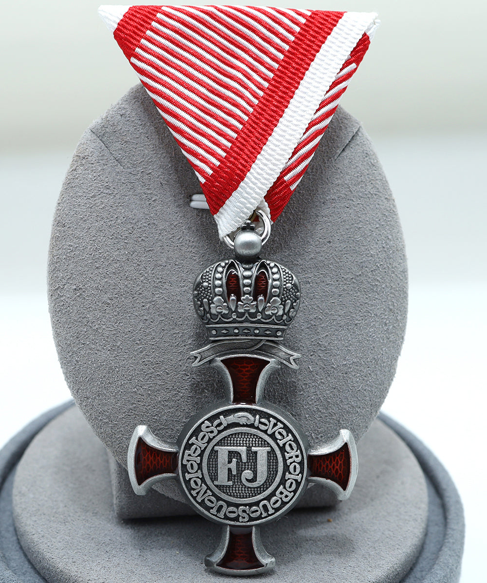 Austro-Hungarian Silver Cross of Merit with Crown 1849 FJ, War Ribbon replica