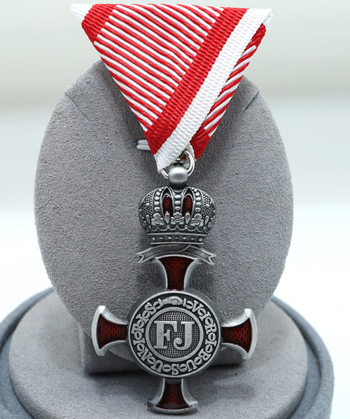Austro-Hungarian Silver Cross of Merit with Crown 1849 FJ, War Ribbon replica